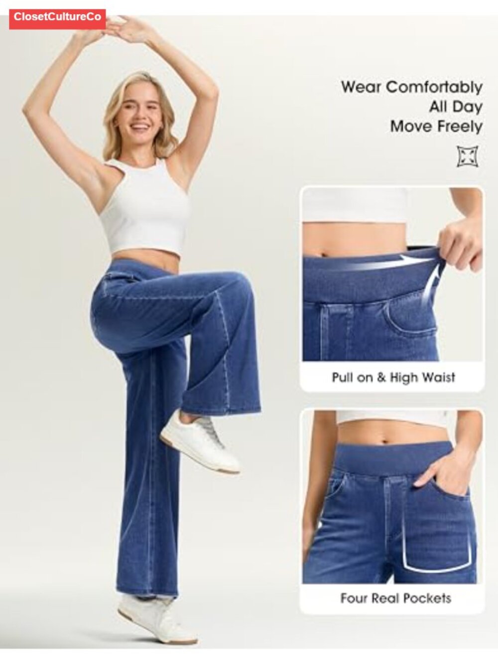 Wide Leg Jeans High Waisted Pull On Stretchy Denim Pants - Picture 3 of 6